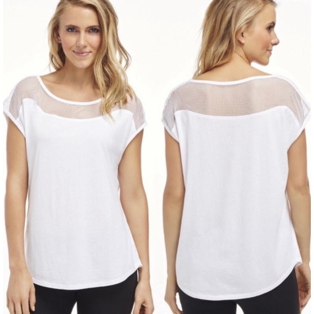 Fabletics Womens White Mesh Yoke Cap Sleeve Activewear‎ Tee Shirt XS Athleisure